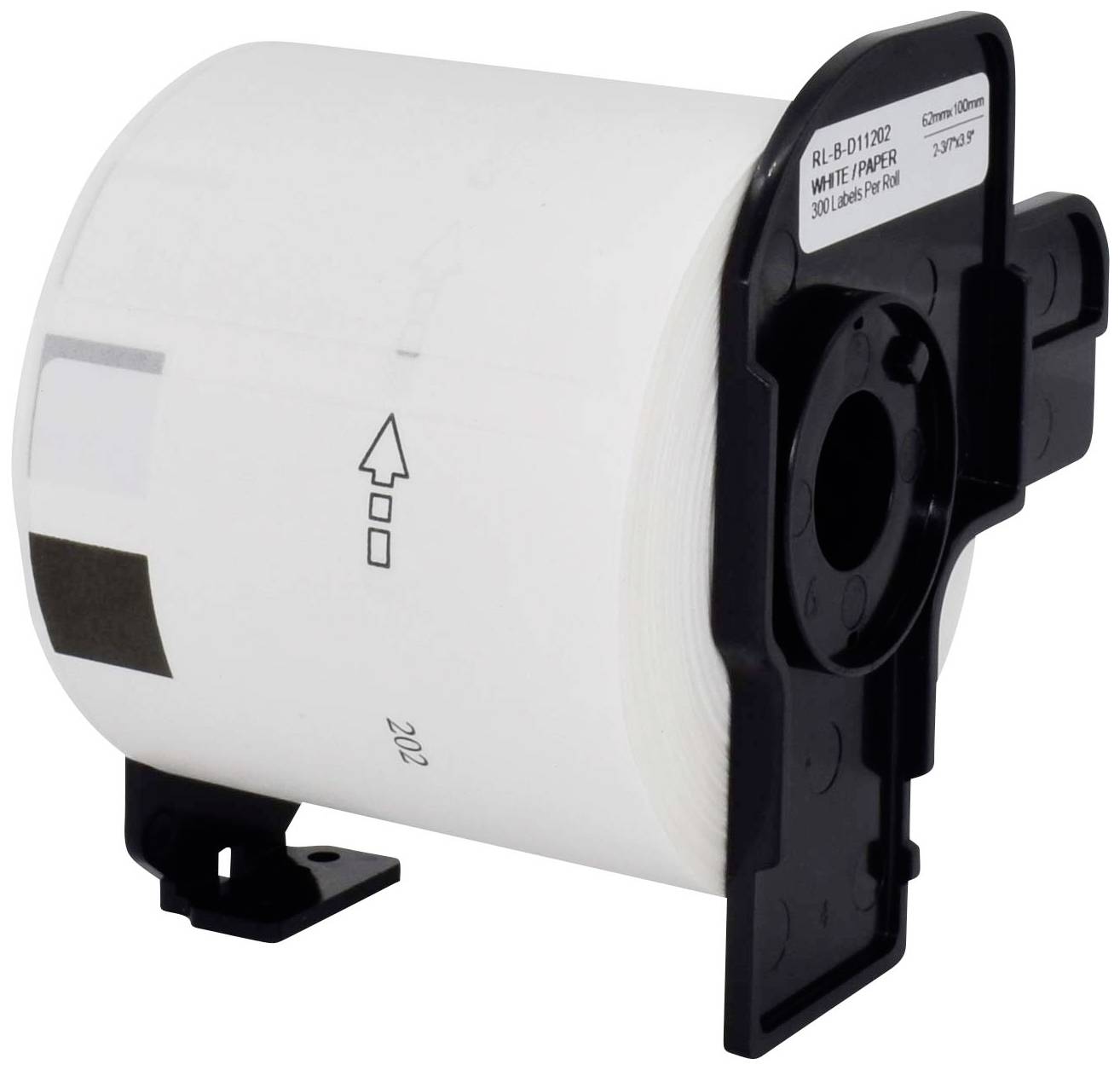 Label roll in a black holder for a printer, marked with arrows to indicate loading orientation.