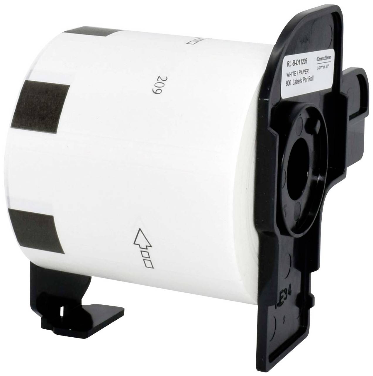 Label roll with black markings for orientation, mounted on a black holder.
