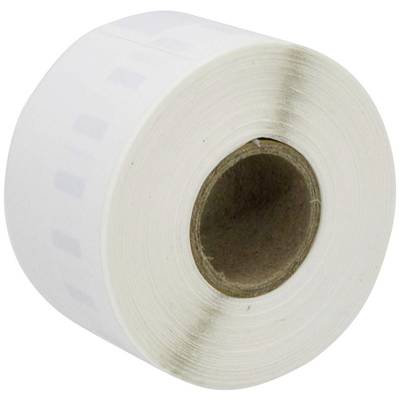 A roll with white paper-based labels. It is round and shows the inner cardboard core.