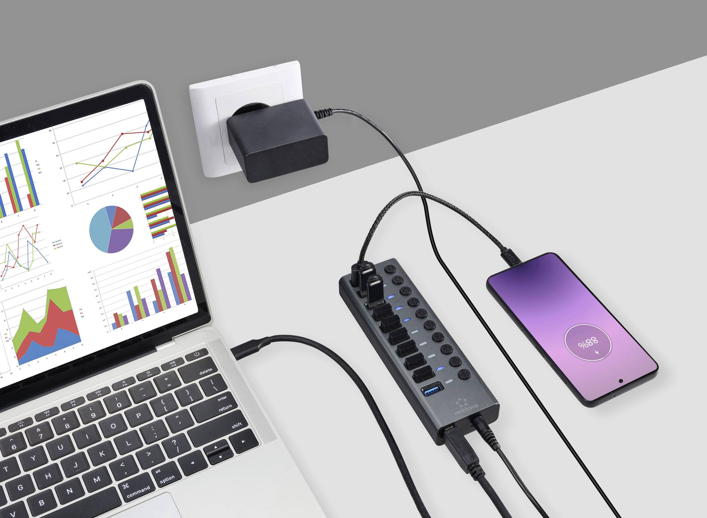 Laptop displaying charts on its screen; next to it, a smartphone with charging indicator, connected via a multi-socket adaptor to the wall.