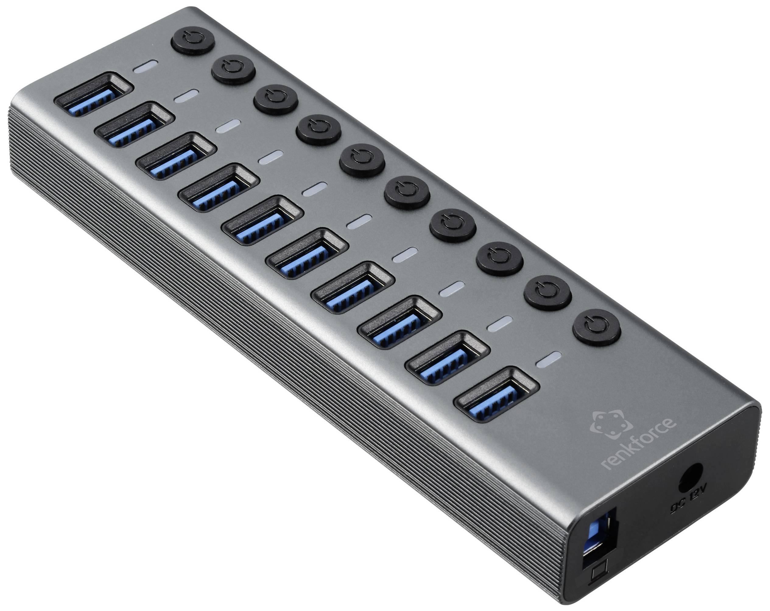 16-port USB hub, rectangular, with a black casing, featuring individually switchable ports. 'Renkforce' branding visible.