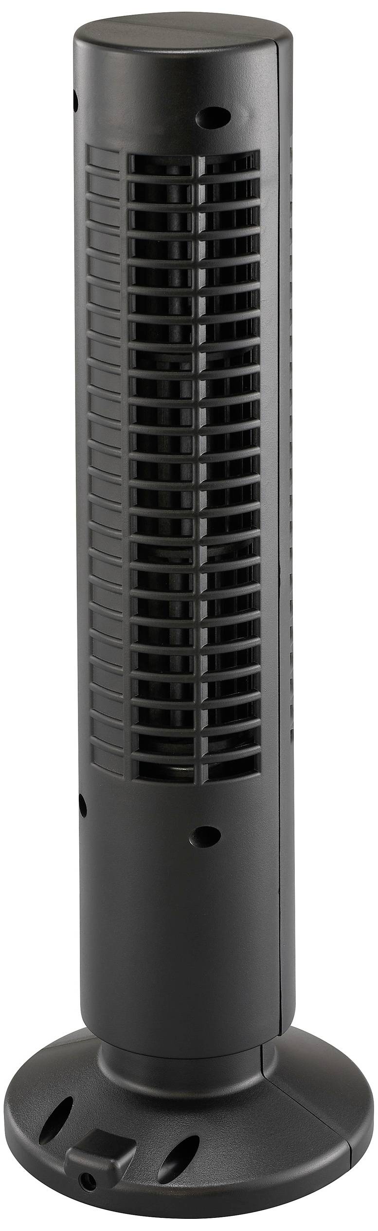 Black tower fan with slender design, ventilation slots at the front and sturdy base.