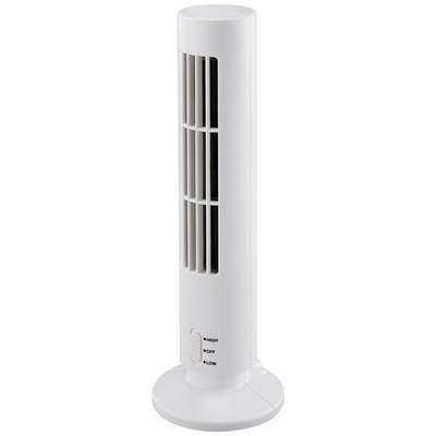 A white, slim tower fan with three speed settings: 'High', 'Off', 'Low', mounted on a circular base.