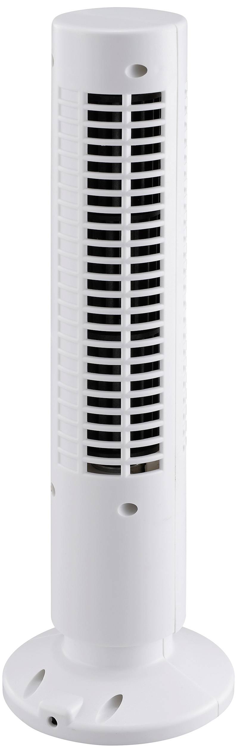 A white, slender tower fan with ventilation slots for even air circulation, positioned on a round base.