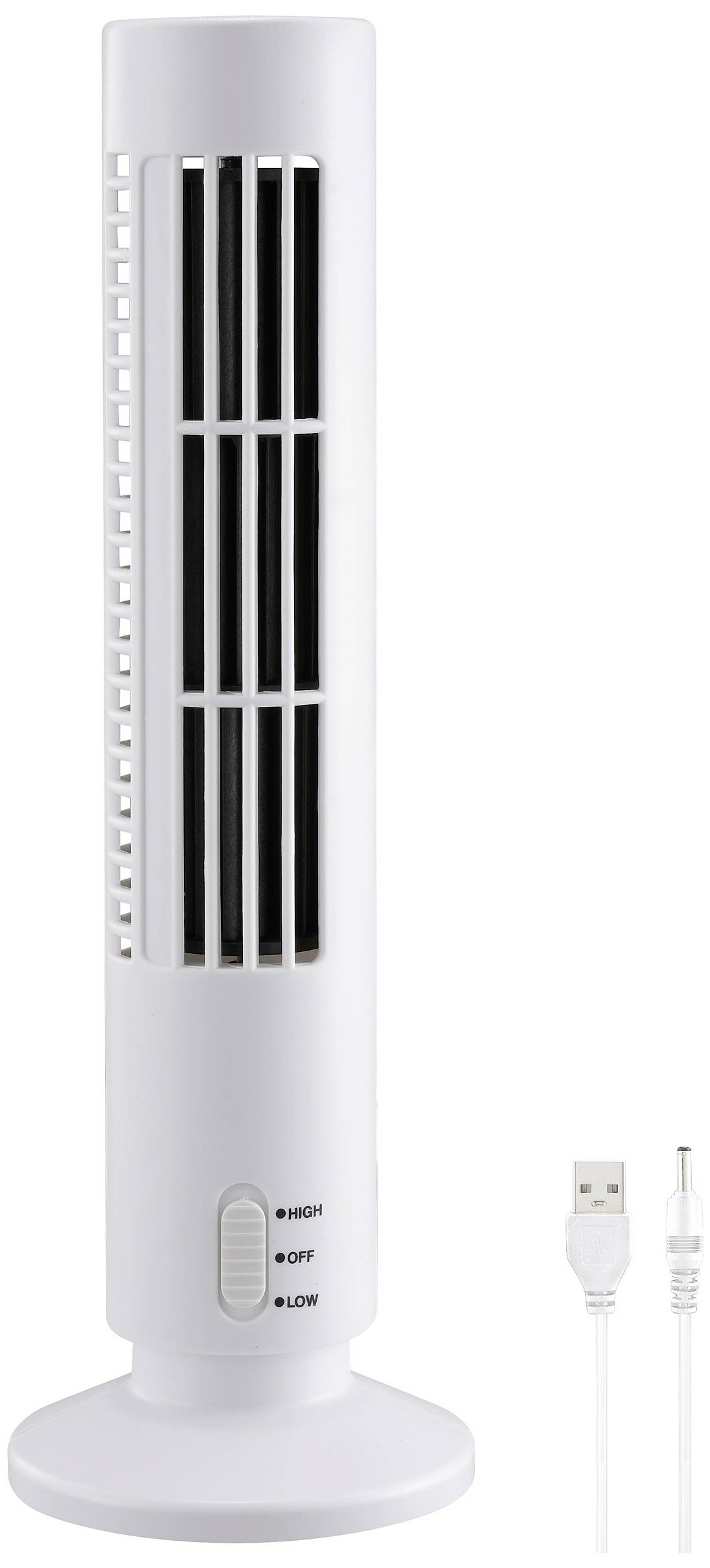 A portable, white tower fan with USB connection and adjustable speed. Includes a compatible USB cable.