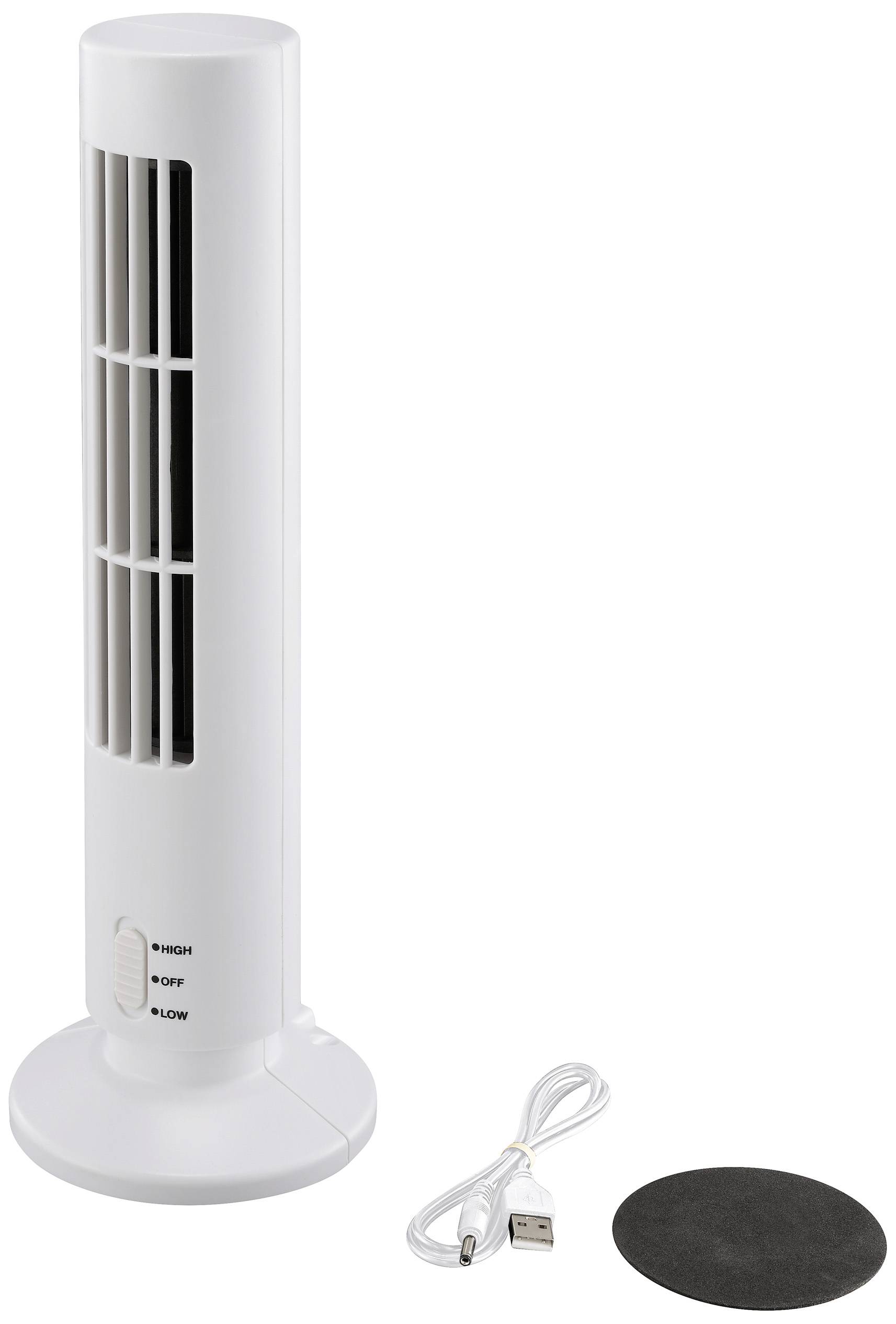 White, vertical table fan with USB cable and round black base. Fan has settings of 'High', 'Off', 'Low'.