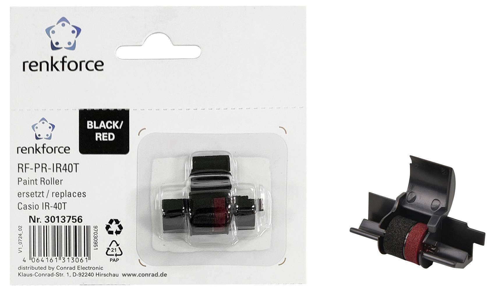 Packaging contains a black and red ink roller by Renkforce, model RF-PR-IR40T, suitable for Casio IR-40T, item number 3013756.