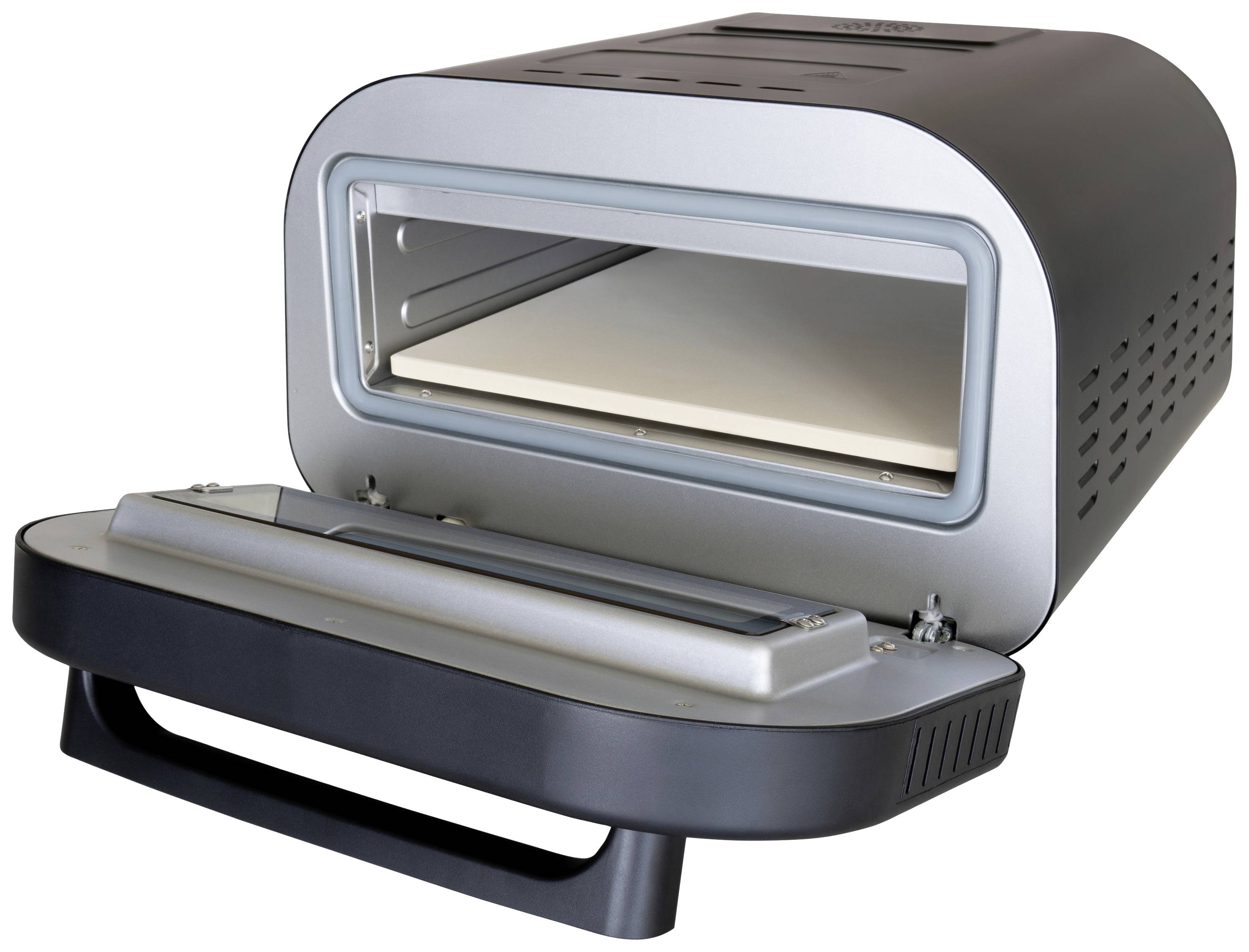 A compact electric pizza oven with an open lid, revealing its interior. Ideal for small kitchens and quick cooking.