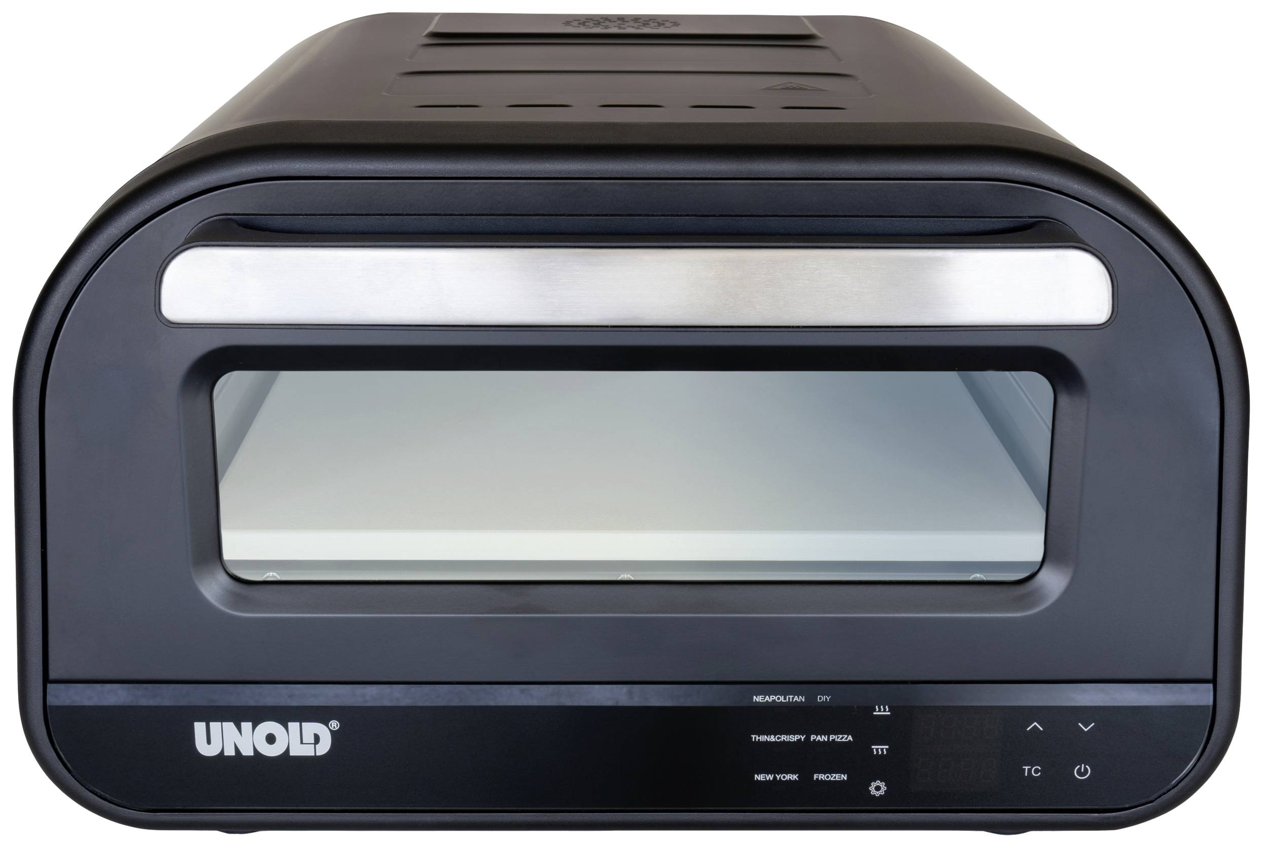 Electric pizza oven with glass front, digital control panel, and heating elements for even baking.