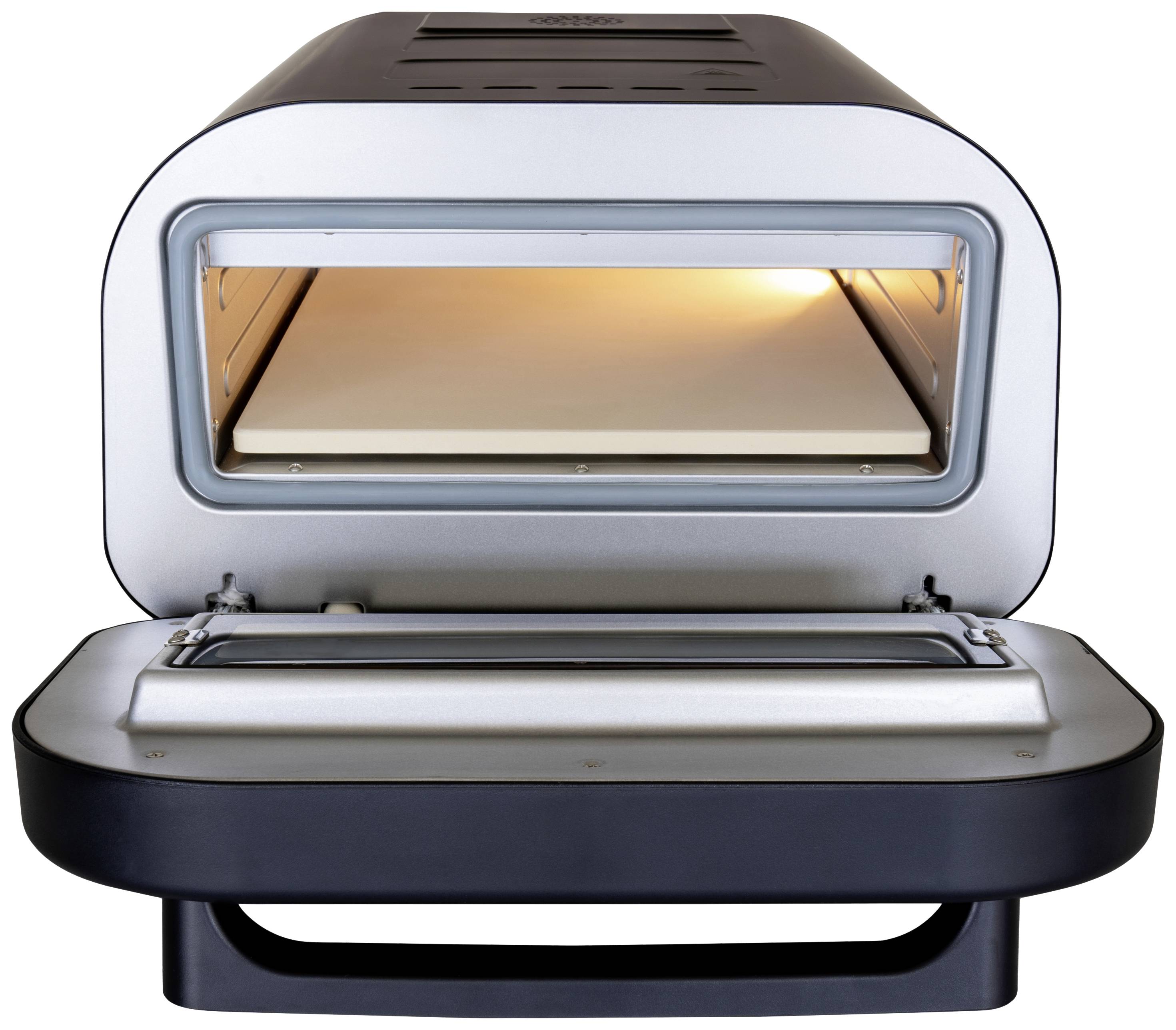 An open pizza oven with an illuminated interior and a pizza stone. The oven is ready for use.