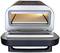 An open pizza oven with an illuminated interior and a pizza stone. The oven is ready for use.