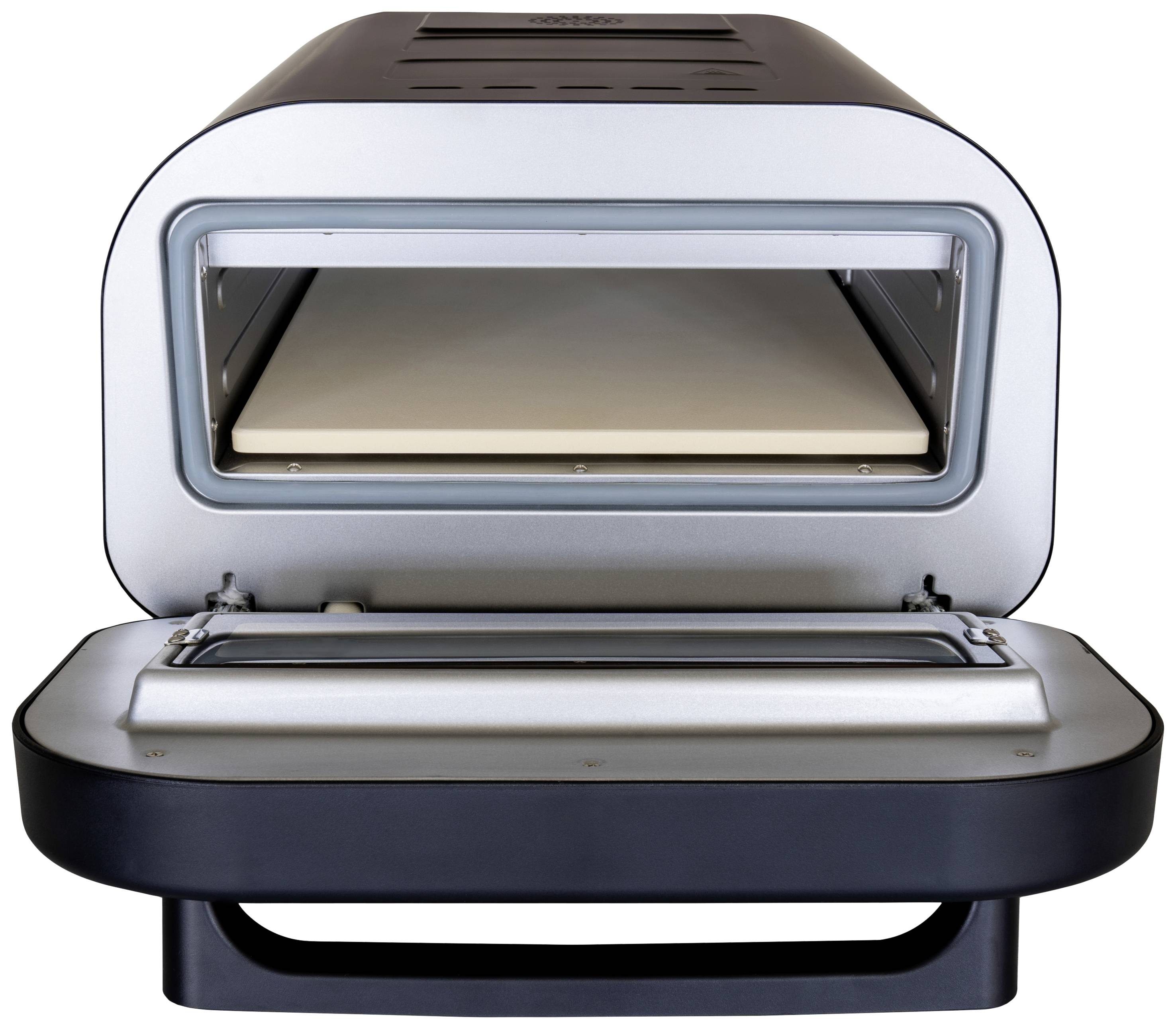An open pizza oven with a stone base inside, suitable for baking pizza at high temperatures.