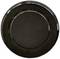 A black, round plate with a smooth surface, centrally positioned.