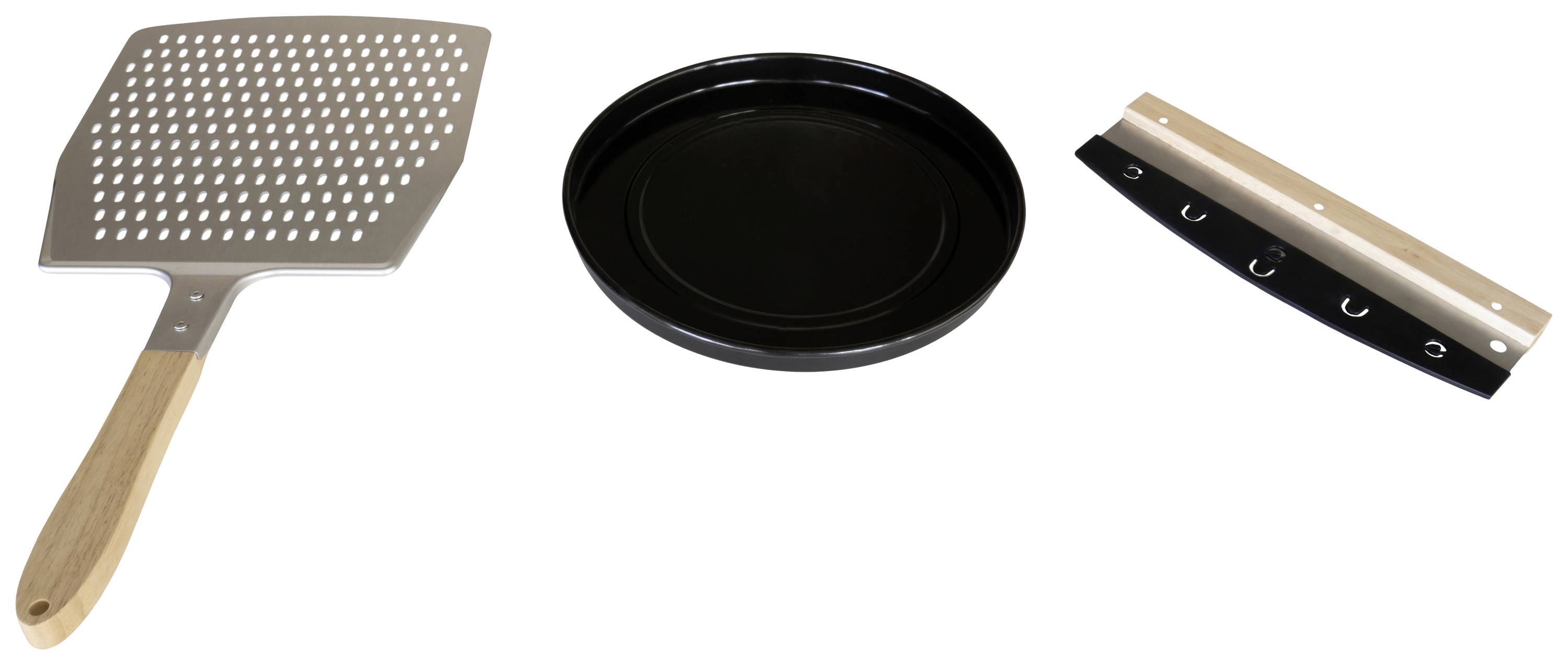 'Three pizza tools: A perforated pizza tray with a wooden handle, a round black pizza plate, and a straight dough cutting blade.'