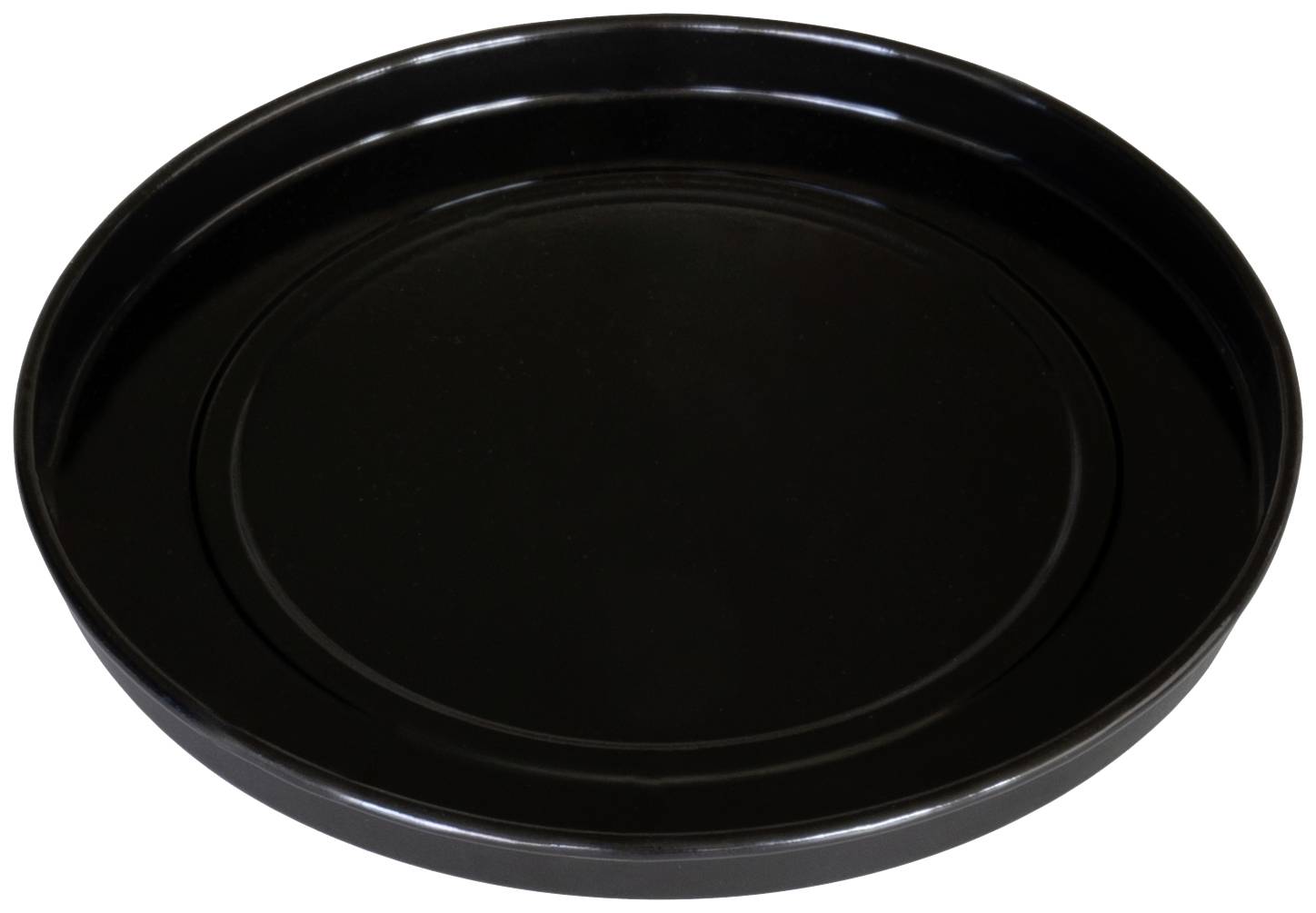 Black round tray, empty, with a slightly raised edge.