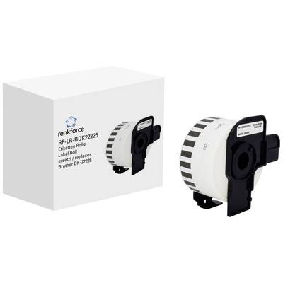 Label roll and packaging for Brother printer, model RF-LR-BDK22225, with clear indication of compatibility and replacement.