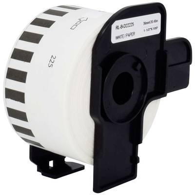 Label roll for printer, rectangular black holder, on white paper, wide black stripes at the top edge.