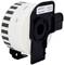 Label roll for printer, rectangular black holder, on white paper, wide black stripes at the top edge.