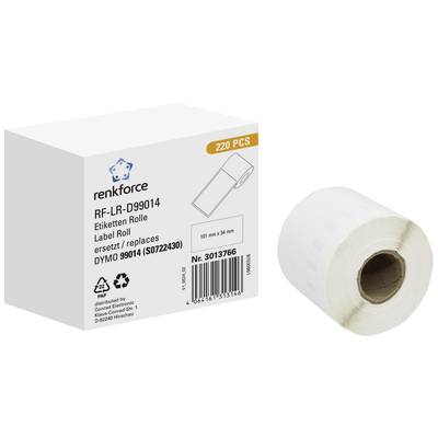 A roll pack containing 220 labels for printer cartridges. Brand: renkforce. Model: RF-LR-D99014. Compatible with DYMO 99014.