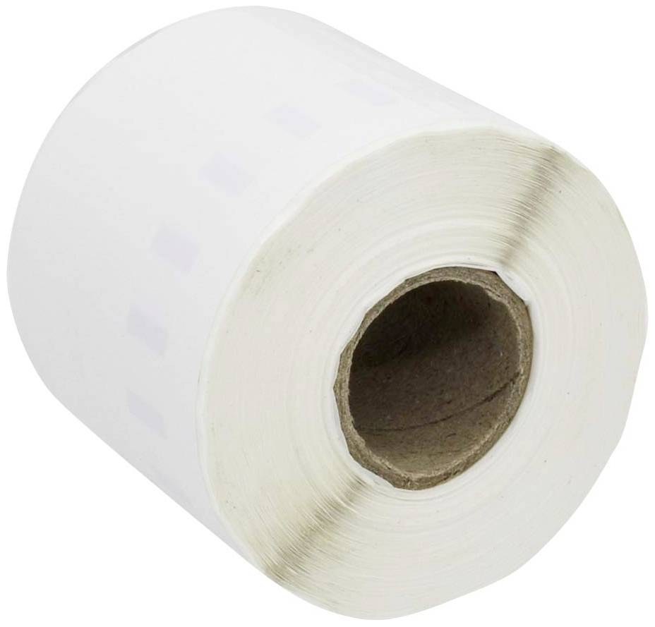A roll of white paper with a central hole, likely for labels or thermal printers. The surface is smooth.