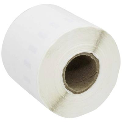 A roll of white paper with a central hole, likely for labels or thermal printers. The surface is smooth.