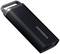 External portable Samsung SSD, sleek black design, compact size for mobile data storage.