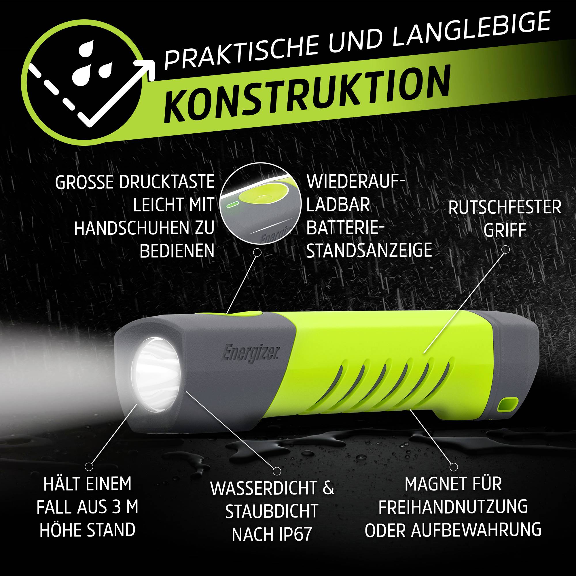 'Practical and Durable Torch: Waterproof, Shockproof, with Non-Slip Grip, Battery Indicator and Magnet for Versatile Use.'