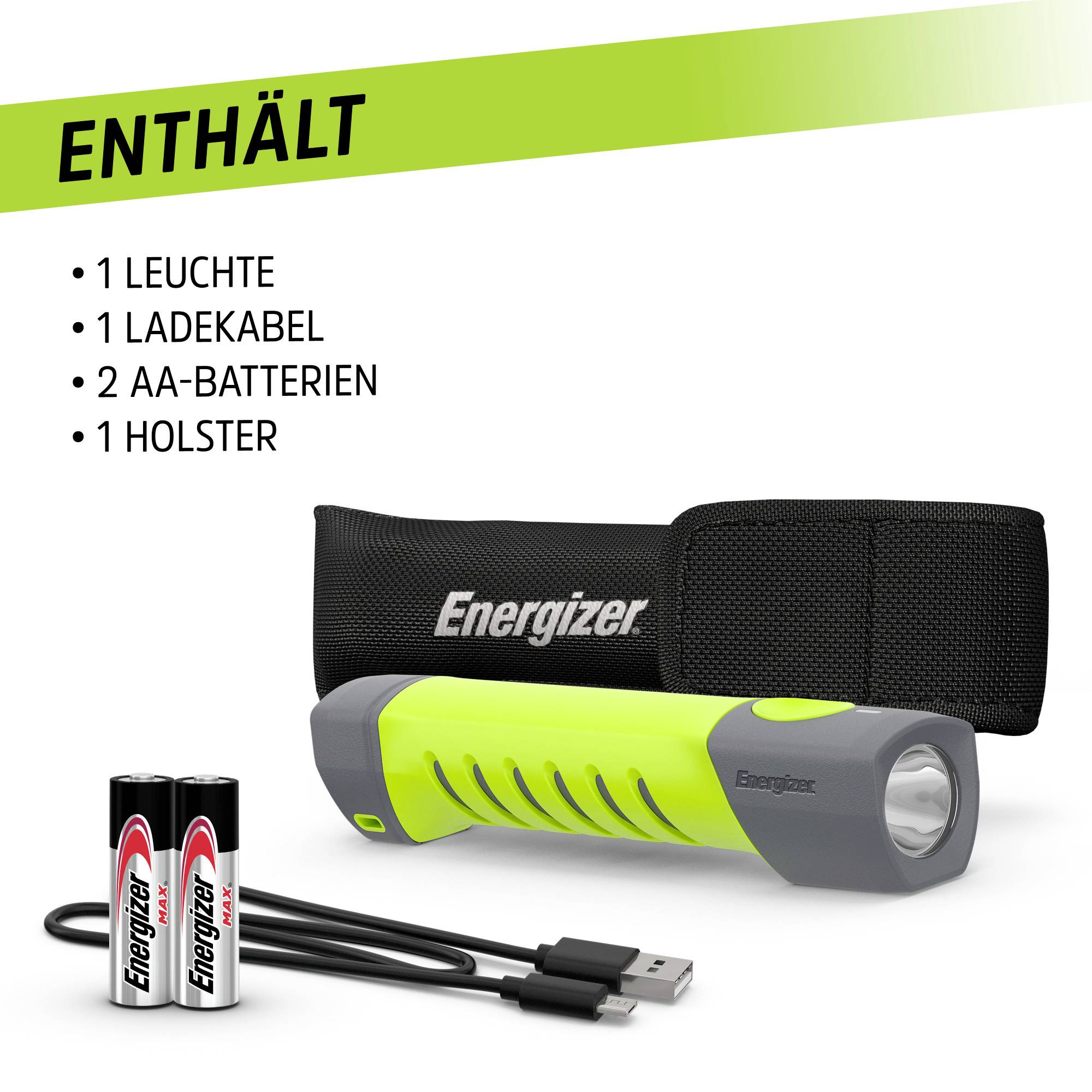 Torch set shown, comprising torch, charging cable, two AA batteries and holster. 'Energizer' brand name displayed on holster and batteries.