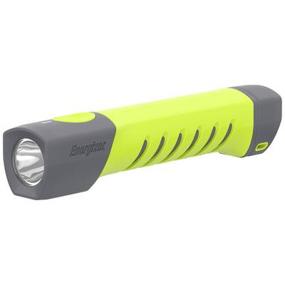 An electric torch with a grey head and a bright yellow handle bearing the word 'Energizer'.