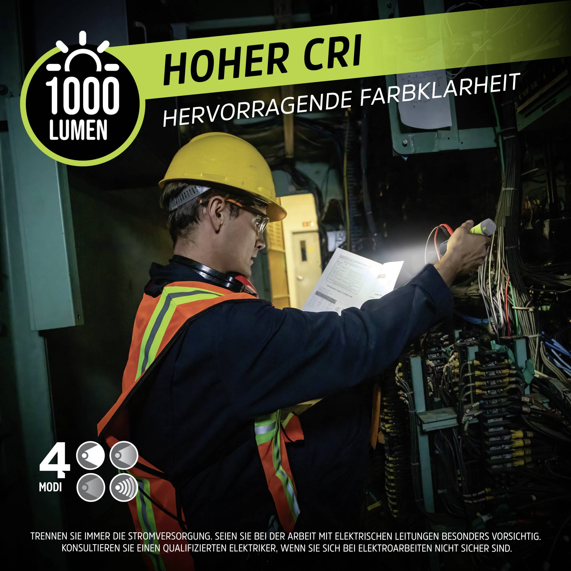 A technician wearing a yellow safety helmet and high-visibility vest inspects connections in an electrical cabinet. Text at the top: High CRI, Excellent Colour Clarity.