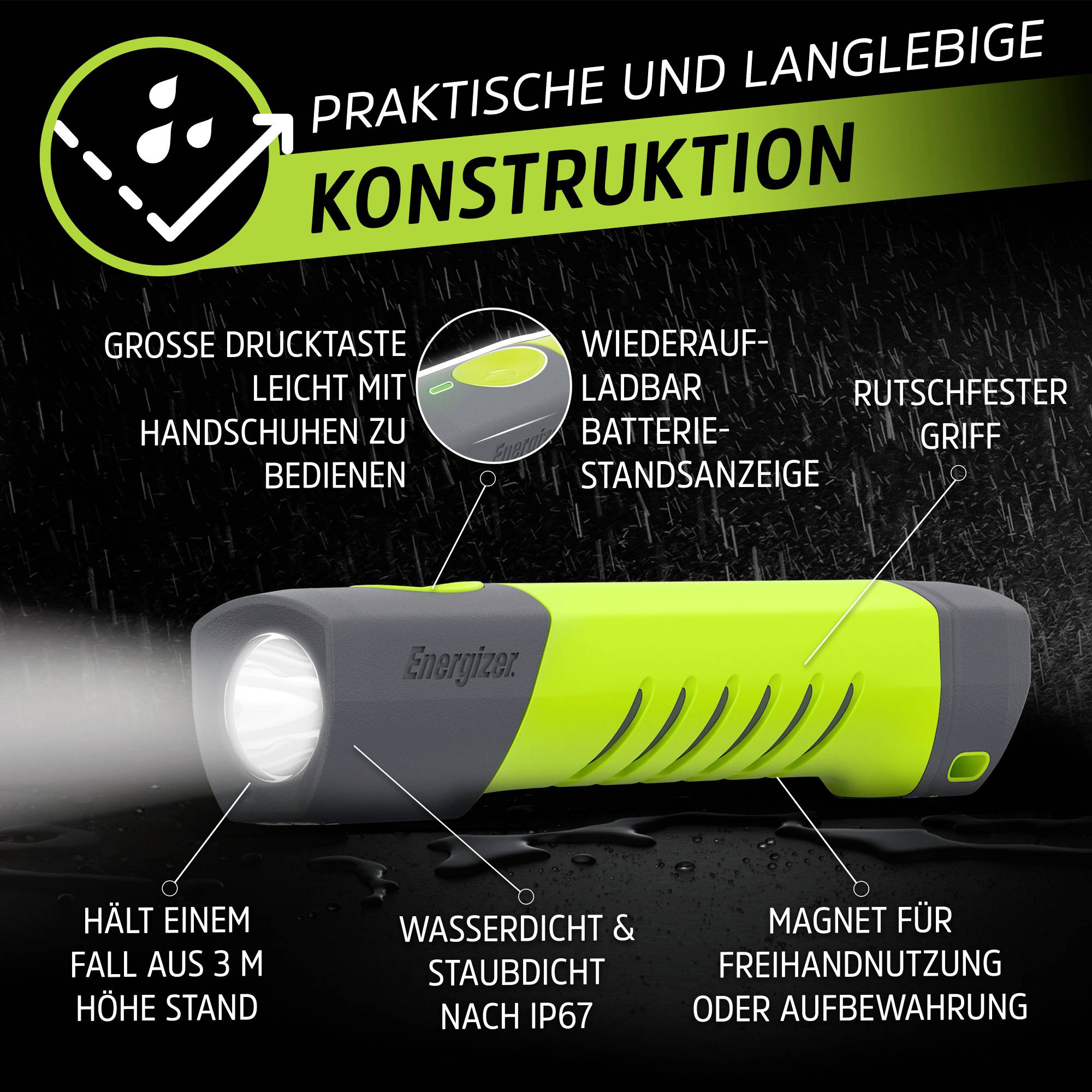 Torch with green and black casing, LED light. Features: shockproof, waterproof, magnetic mounting, non-slip.