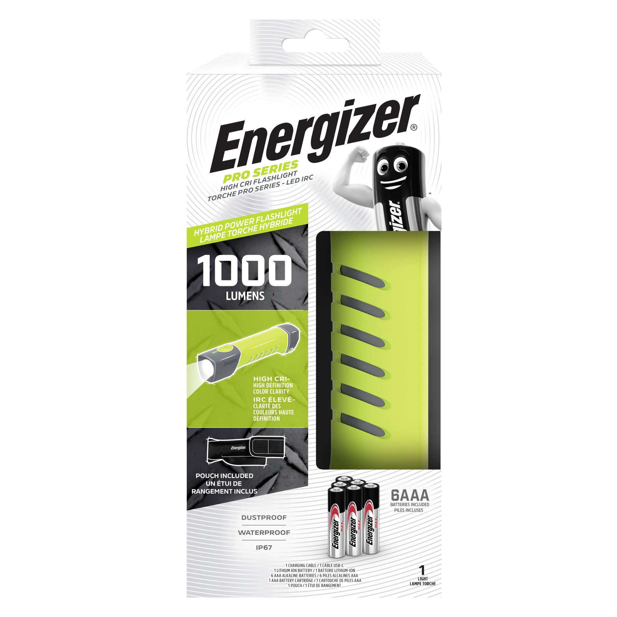 'Packaging for an Energizer Hybrid Torch with 1000 Lumens. Contains three AAA batteries. Features: dust and water-resistant.'