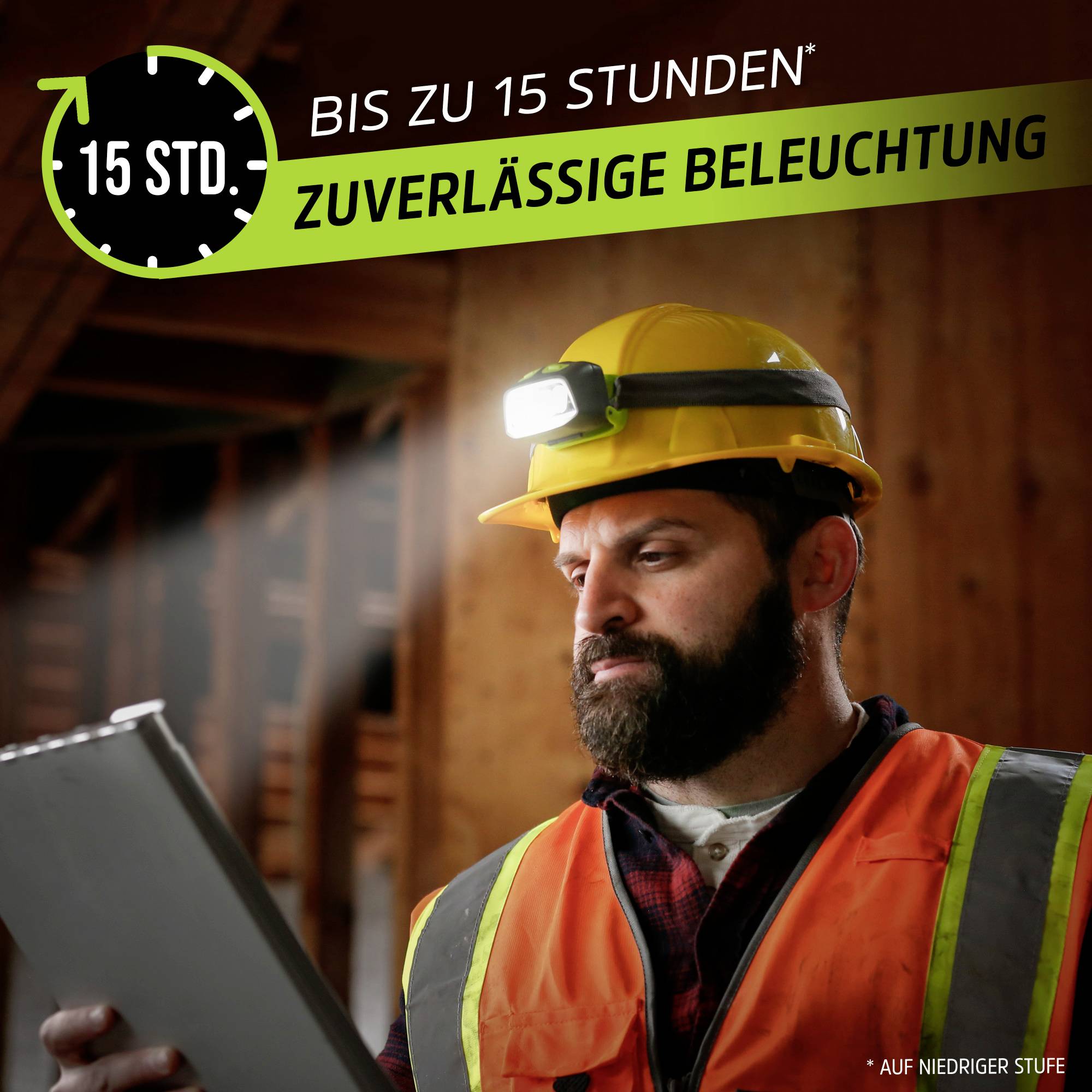 A construction worker with a hard hat and headlamp looks at a clipboard. Text: 'Up to 15 hours of reliable lighting.'