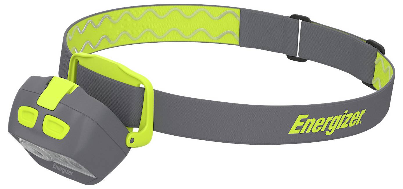 A gray and neon green Energizer headlamp with adjustable strap, featuring yellow wave pattern, designed for hands-free lighting.