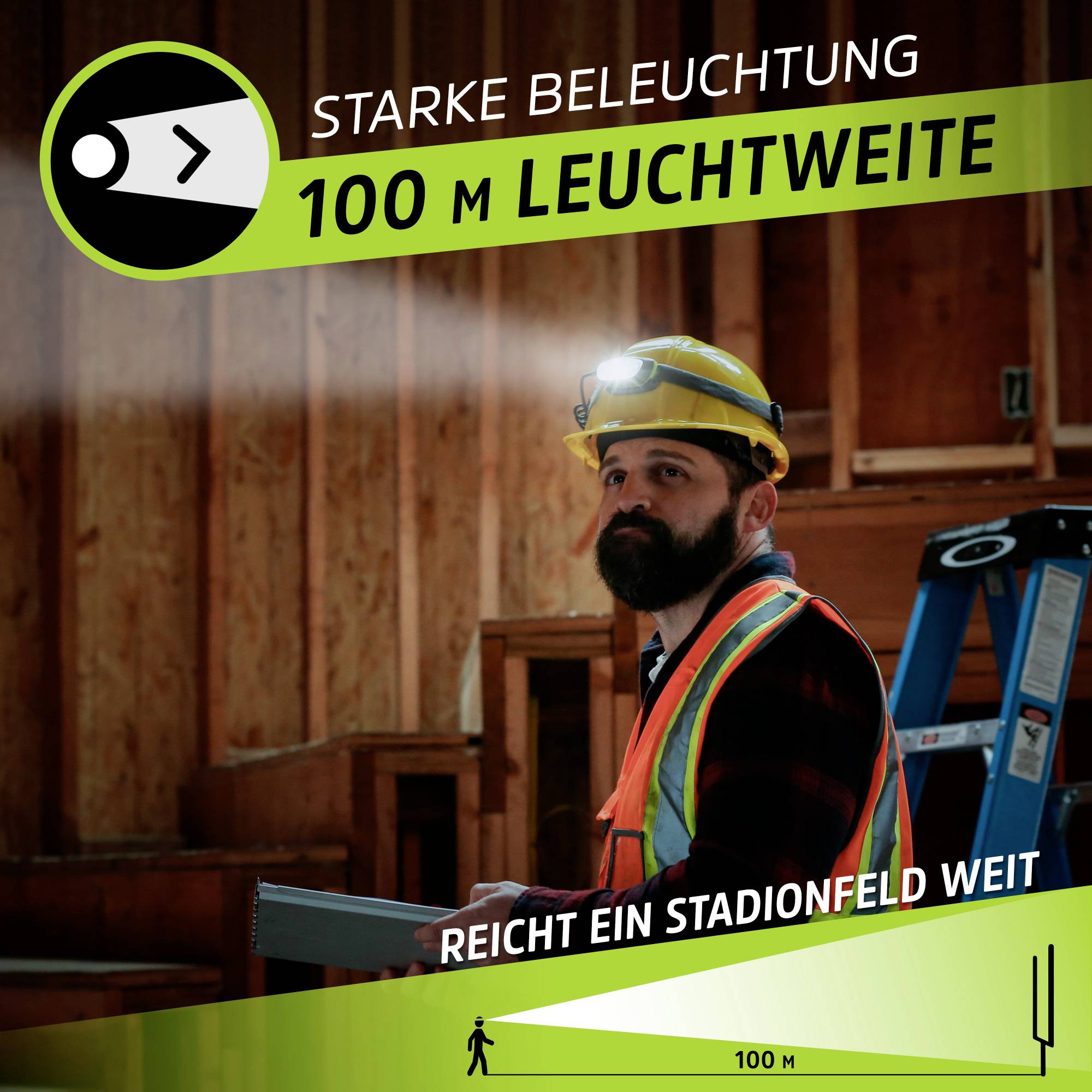 'Strong lighting, 100 m beam range' shows a construction worker with a hard hat on a building site, the torch illuminating the area.