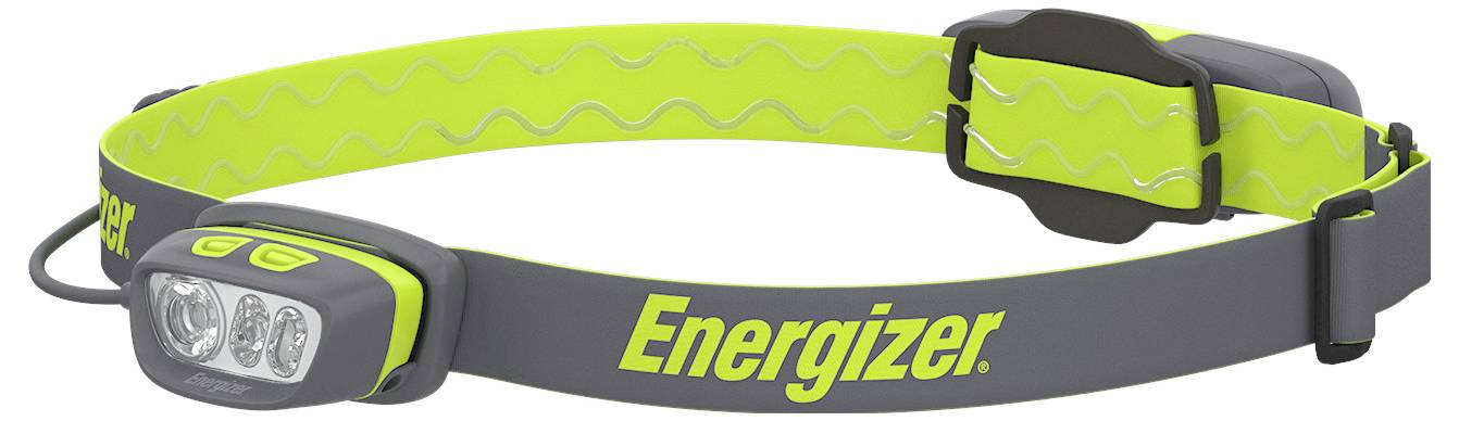 A gray and neon yellow Energizer headlamp with an adjustable strap and multiple LED lights, designed for hands-free illumination.