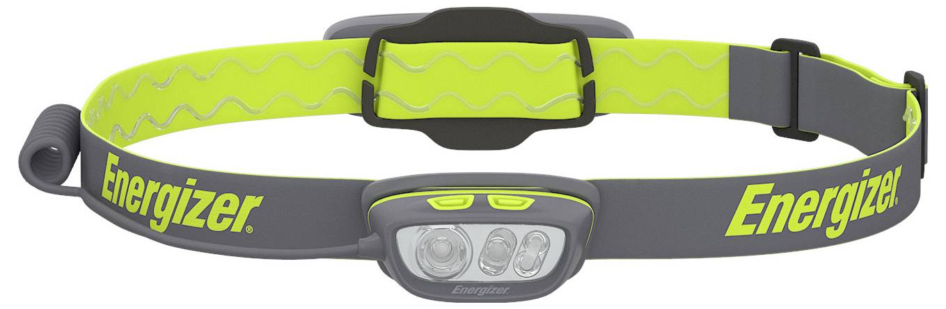A headlamp with a bright green and gray adjustable strap labeled 'Energizer.' The lamp has three visible LED lights.