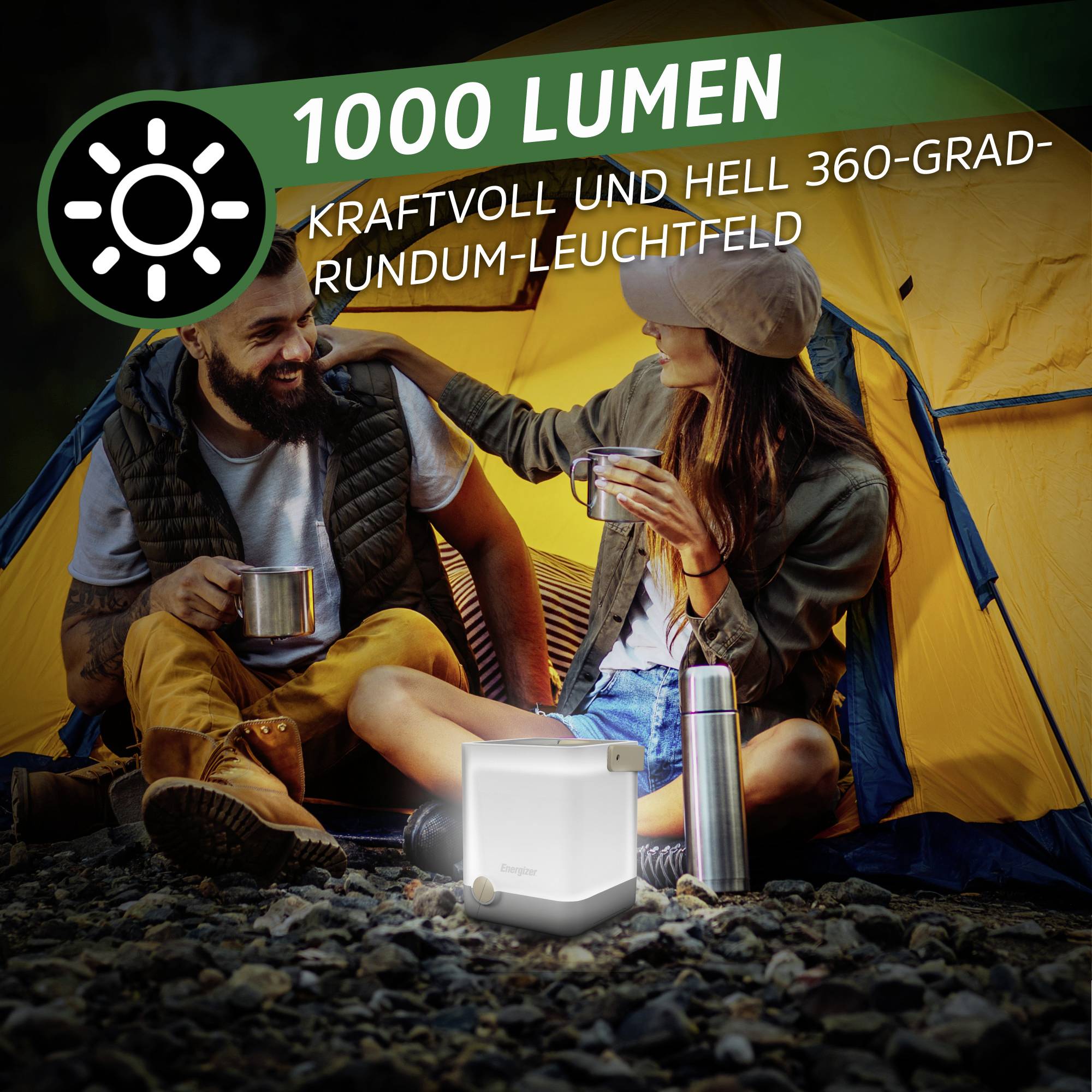 A couple sits in front of a tent holding mugs. A portable light illuminates the foreground. Text: '1000 Lumens, powerful and bright 360-degree all-round lighting field'.