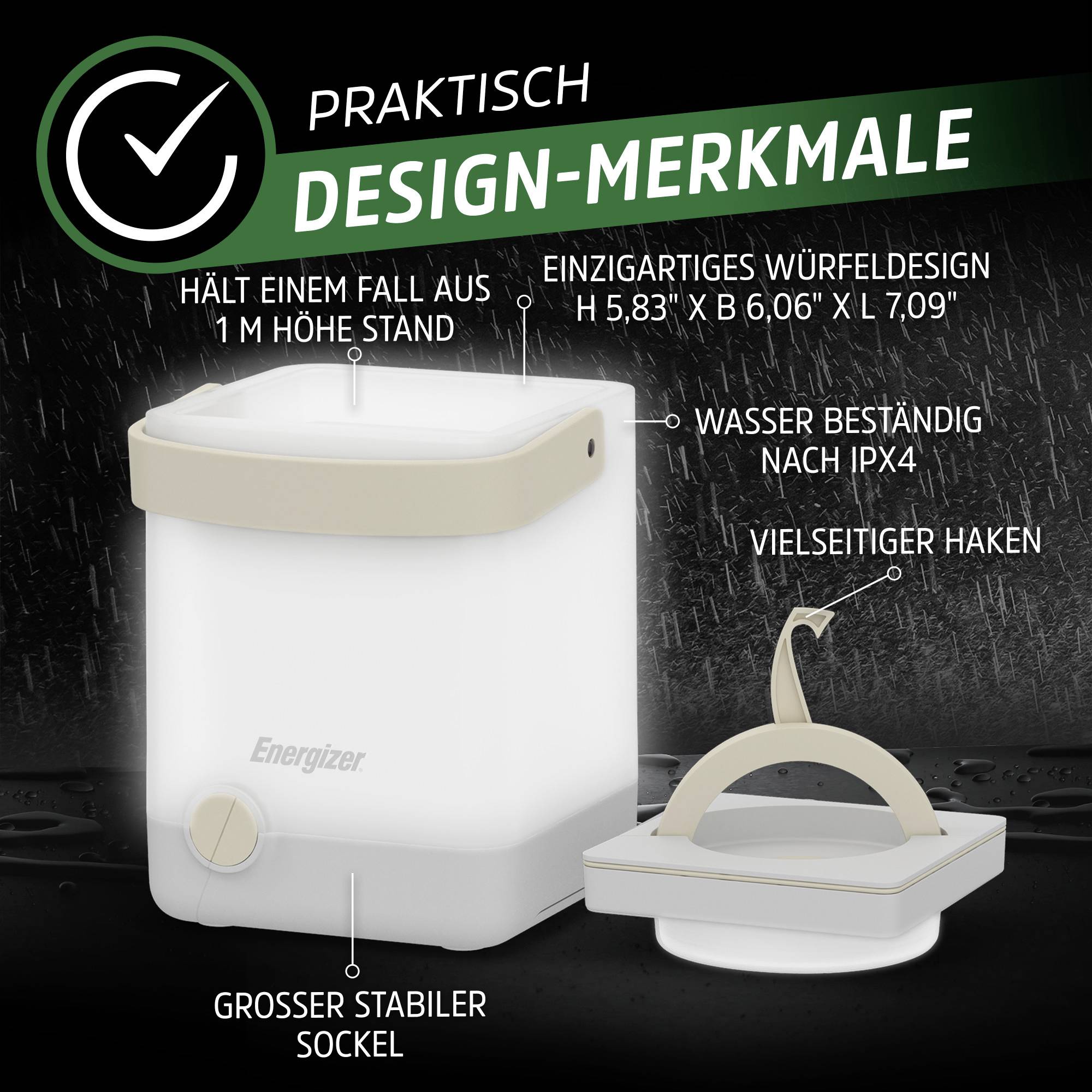 'Practical Design Features': Portable lamp with a cube-shaped design. Robust base, water-resistant to IPX4 standard, versatile hook.