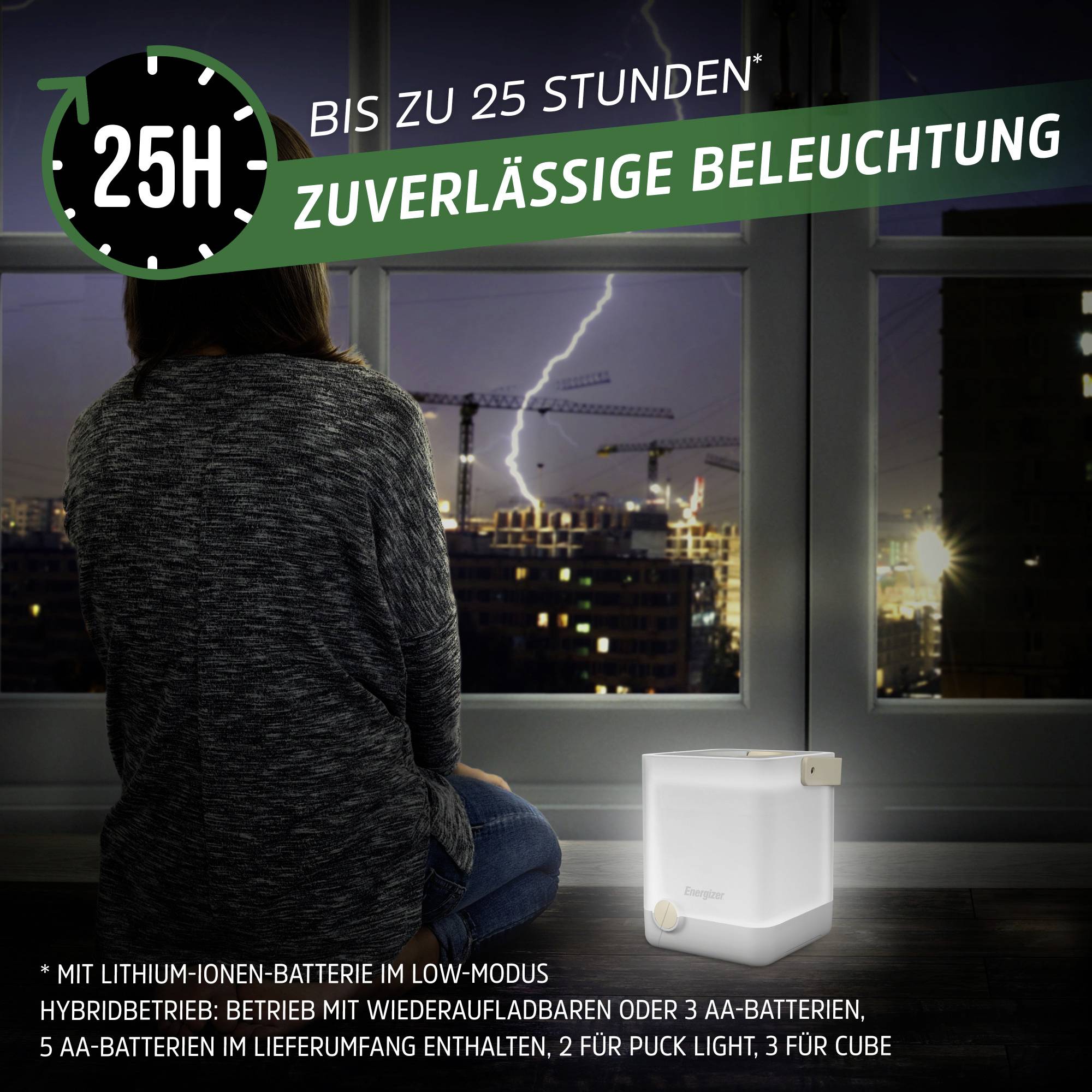 'Woman sits in front of a window at night. A lamp illuminates the room. Text: Up to 25 hours of reliable lighting.'<br><br>Note: The translation maintains the original German text's meaning, structure, and tone, converting it to natural British English.