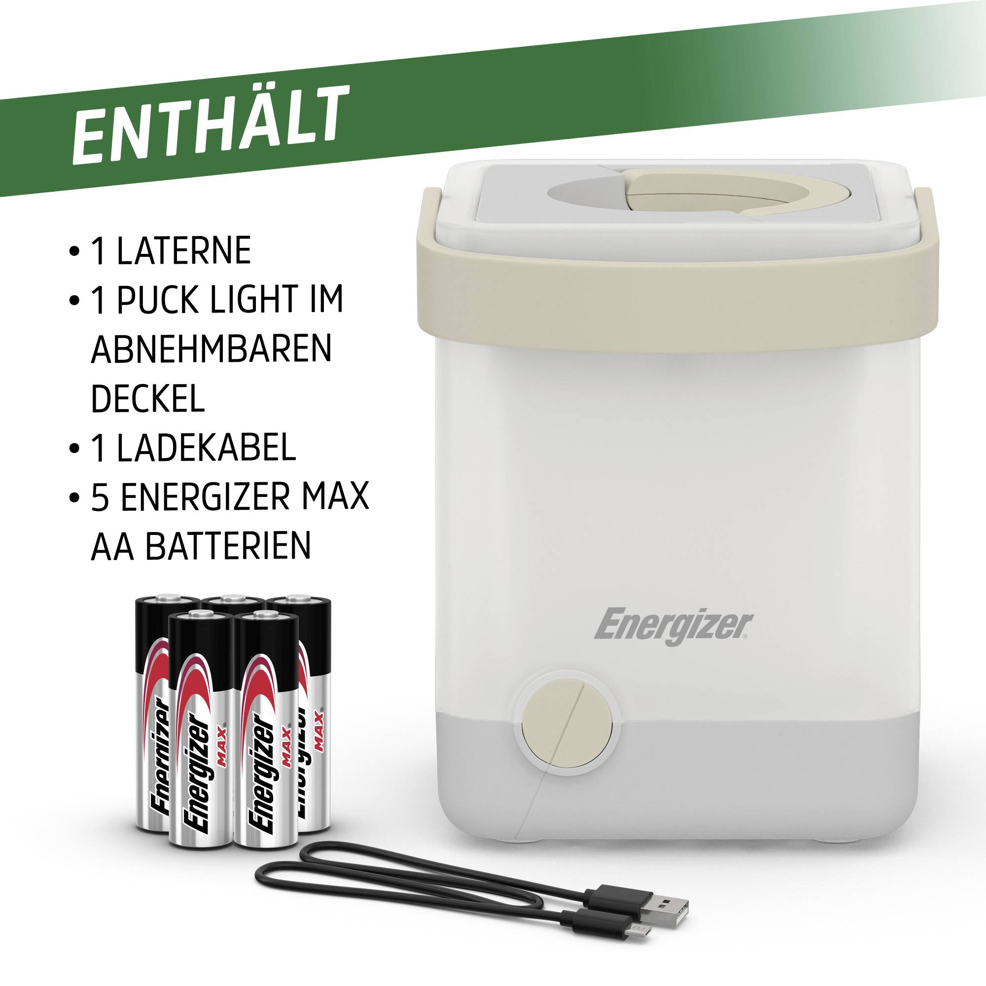 An energy pack contains a lantern with a removable lid, a bicycle light, a charging cable and five AA Energizer batteries.