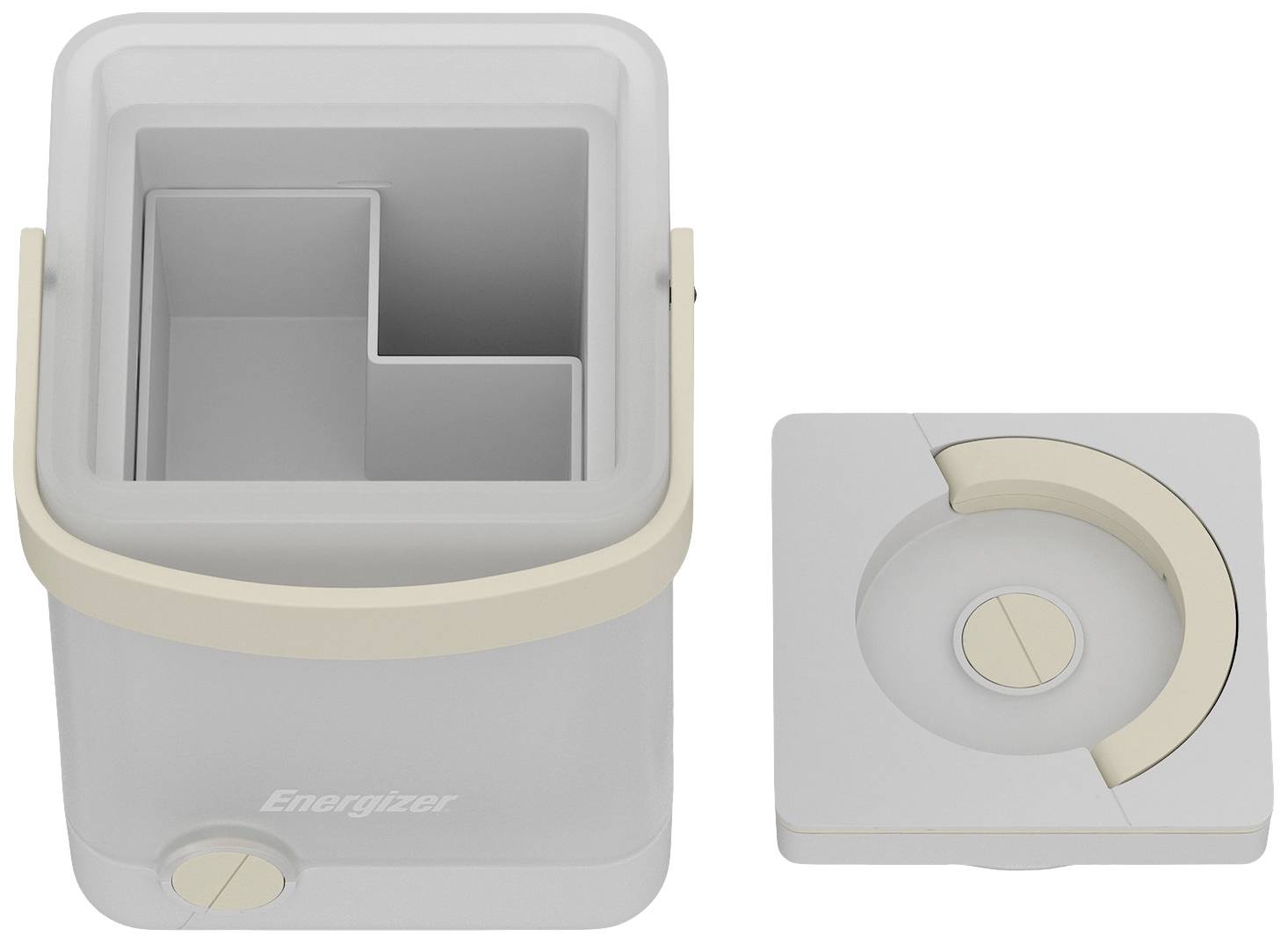 A rectangular grey container with a removable lid. The interior is divided into two compartments, one of them smaller.