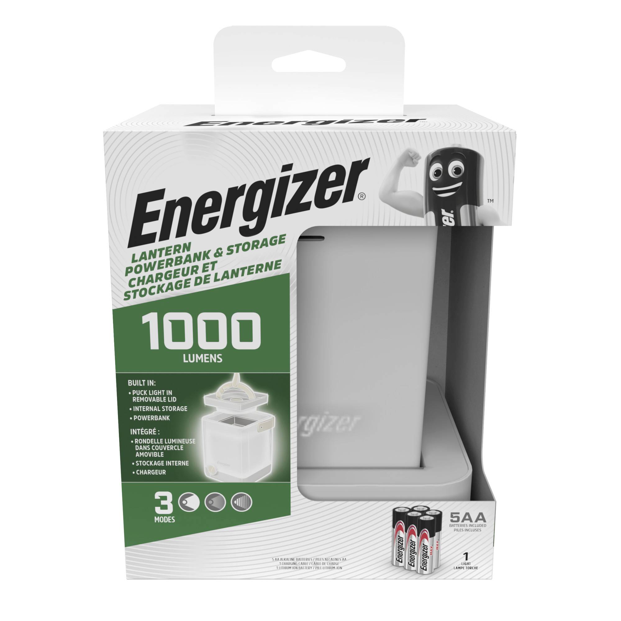 Packaging for an Energizer Lantern with Powerbank, 1000 Lumens, 3 Modes. Includes 5 AA Batteries. Product illustration and details.