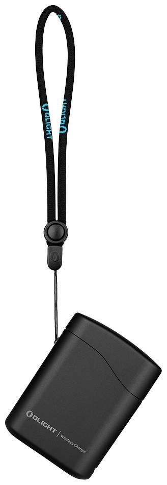 Black portable charger with blue hand strap, Olight brand, standing upright.