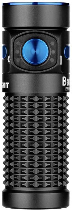 A black torch with a blue switch on top, featuring a non-slip grip pattern.