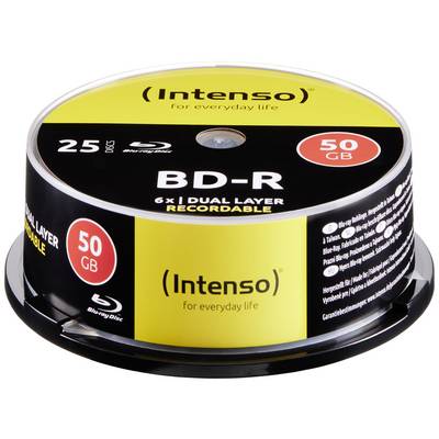 Spindle of 25 Intenso BD-R blank discs, 50 GB capacity, Dual Layer, 6x write speed, ideal for storing large amounts of data.