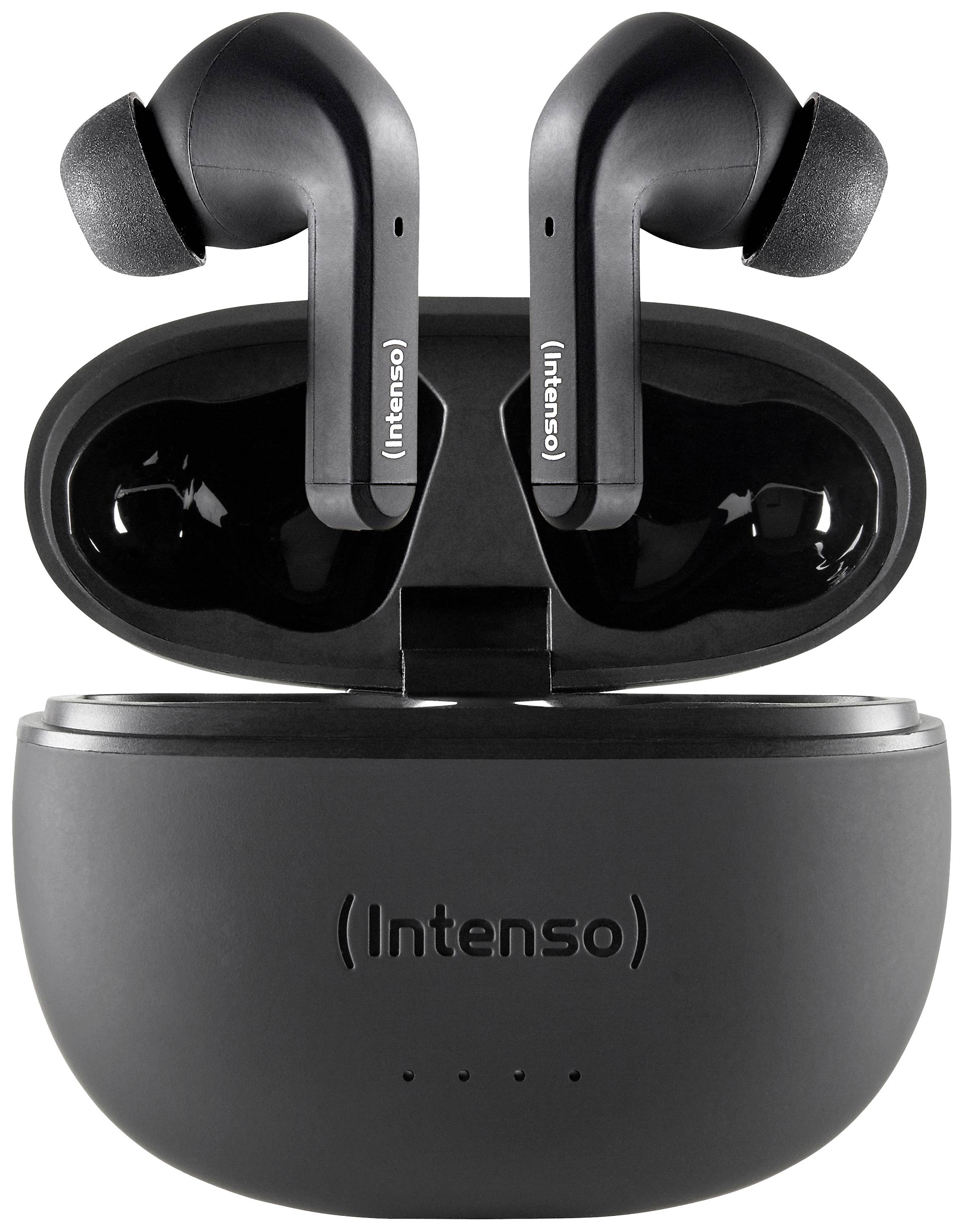 Black wireless earbuds by Intenso in an open charging case, showing the brand name on the earbuds.