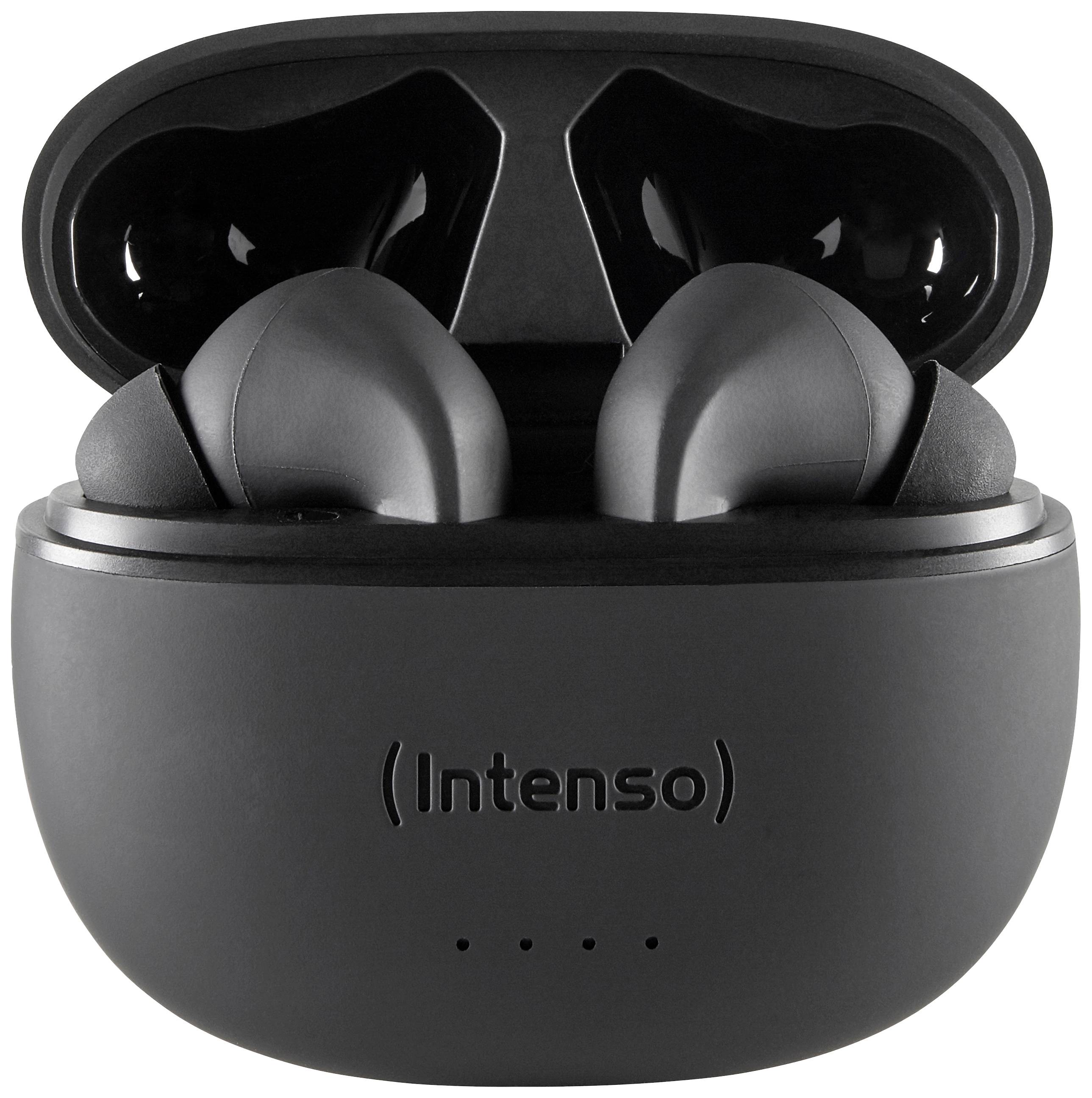 Black wireless earbuds in an open charging case. Brand name 'Intenso' on the front of the case.