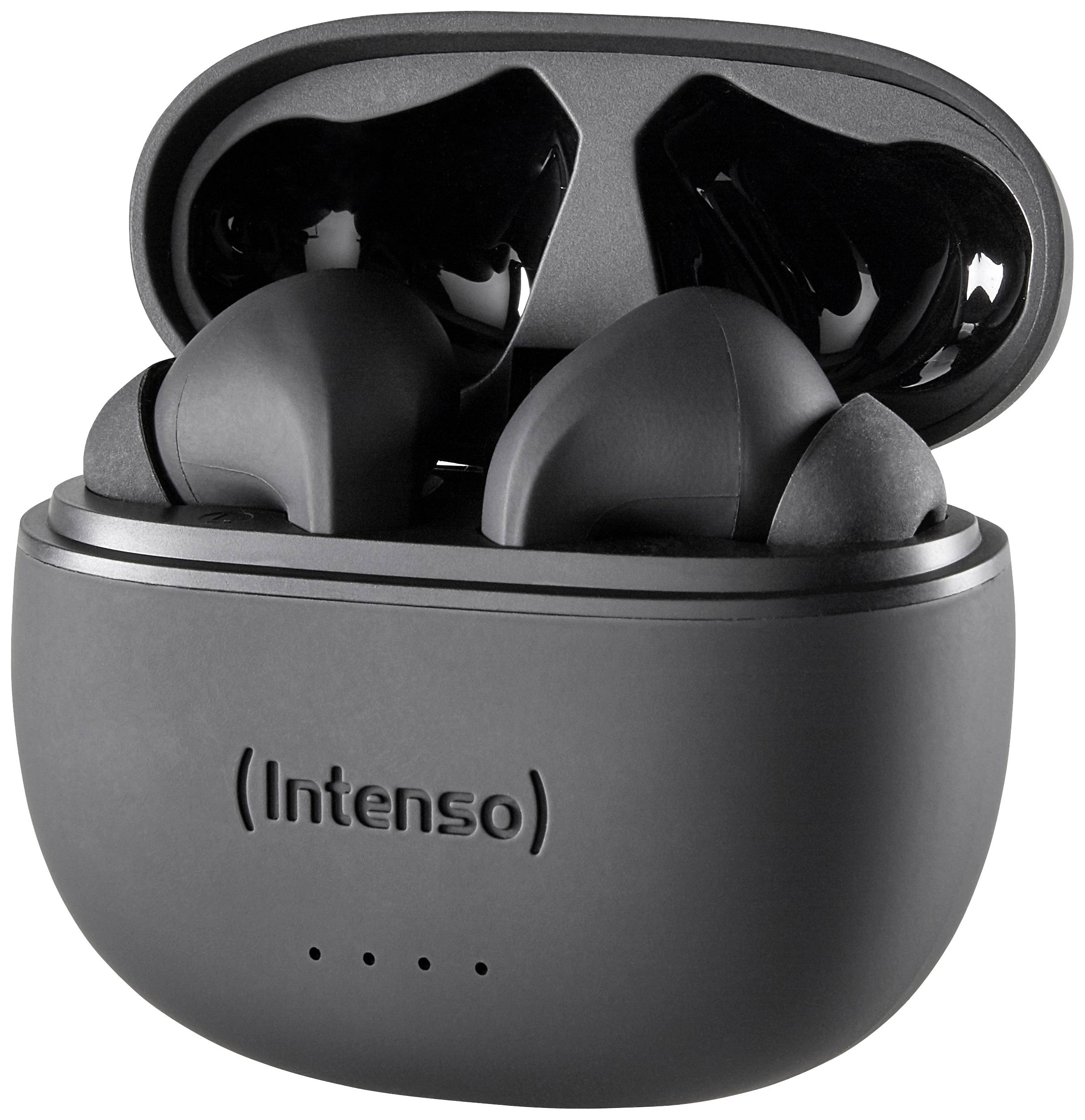 Wireless black earbuds in an open charging case. 'Intenso' is written on the front of the case.