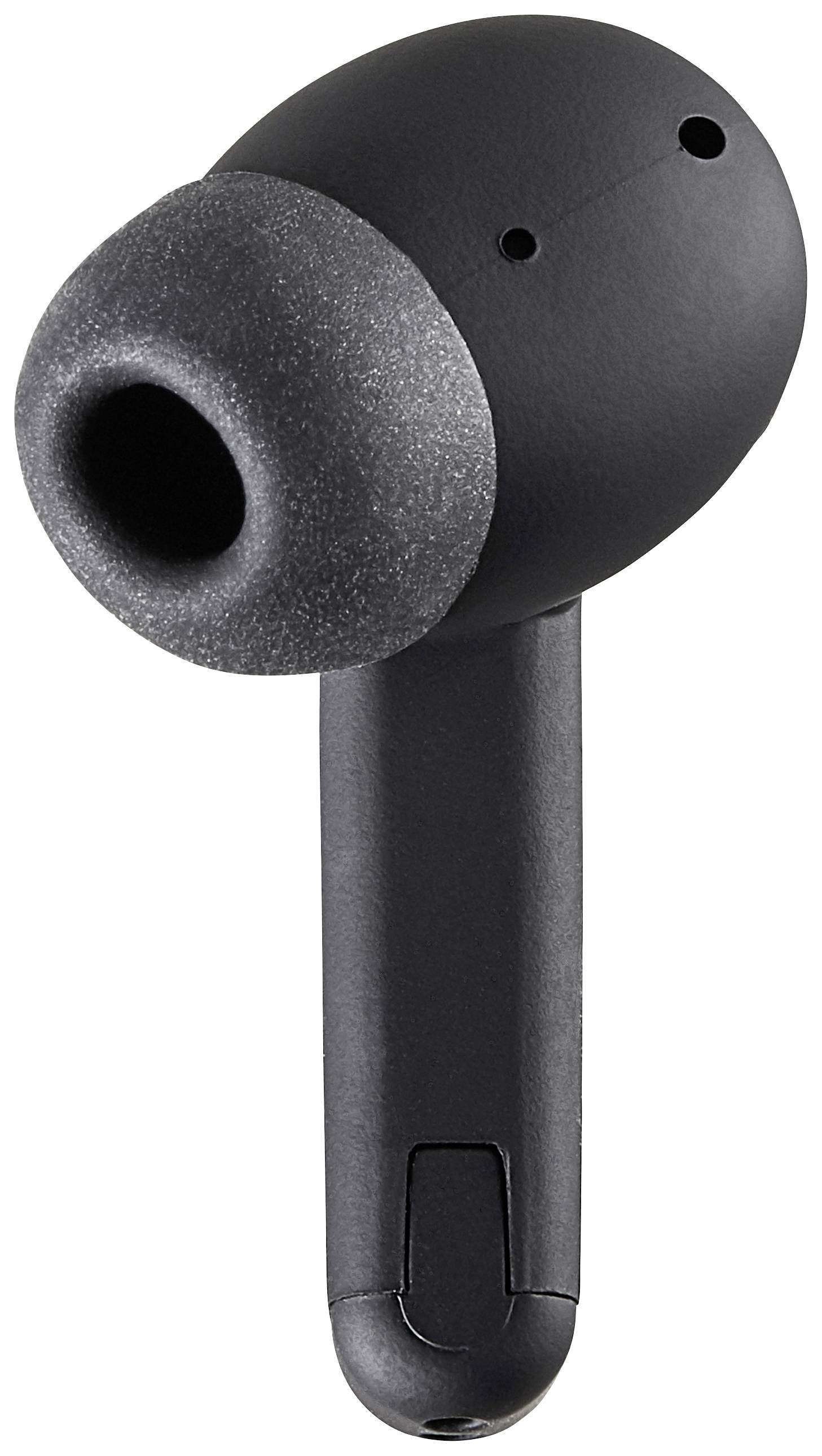 Wireless black earphones with soft ear cushions, ideal for comfortable listening on the go.